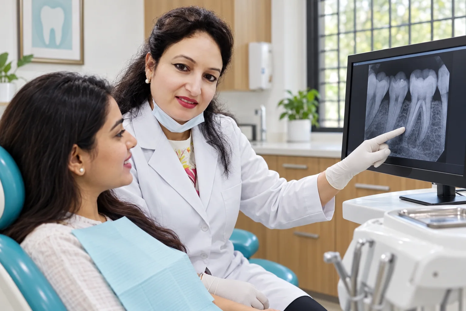 Dr Rajni explaining a digital dental X-ray to a patient