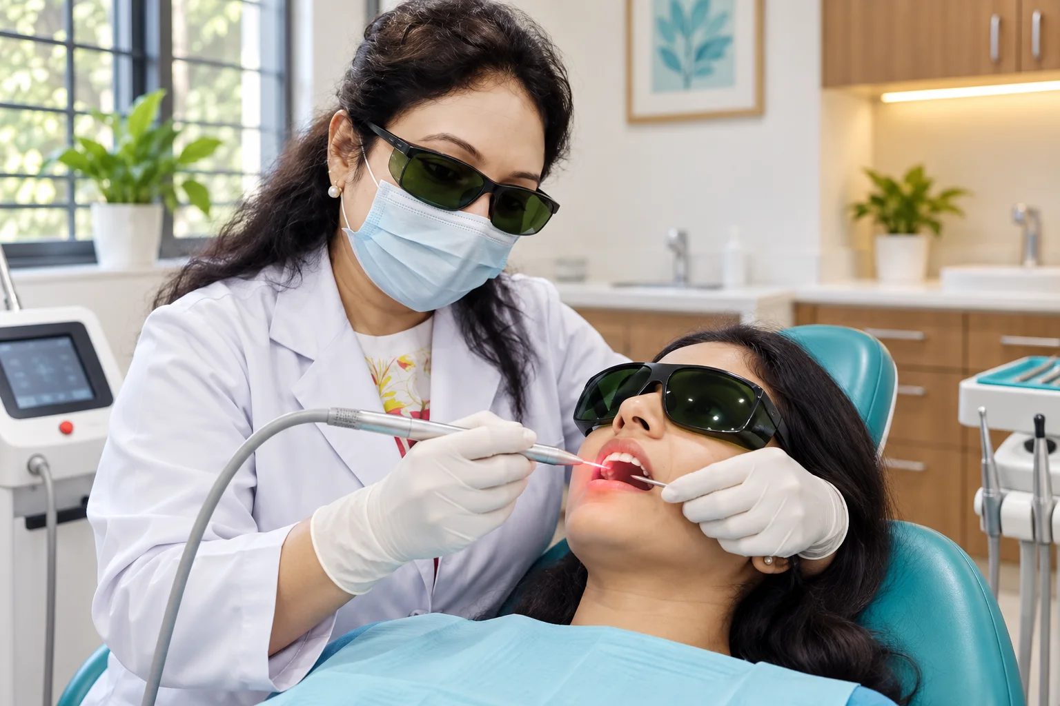 Female dentist using a dental laser for a selected soft-tissue procedure