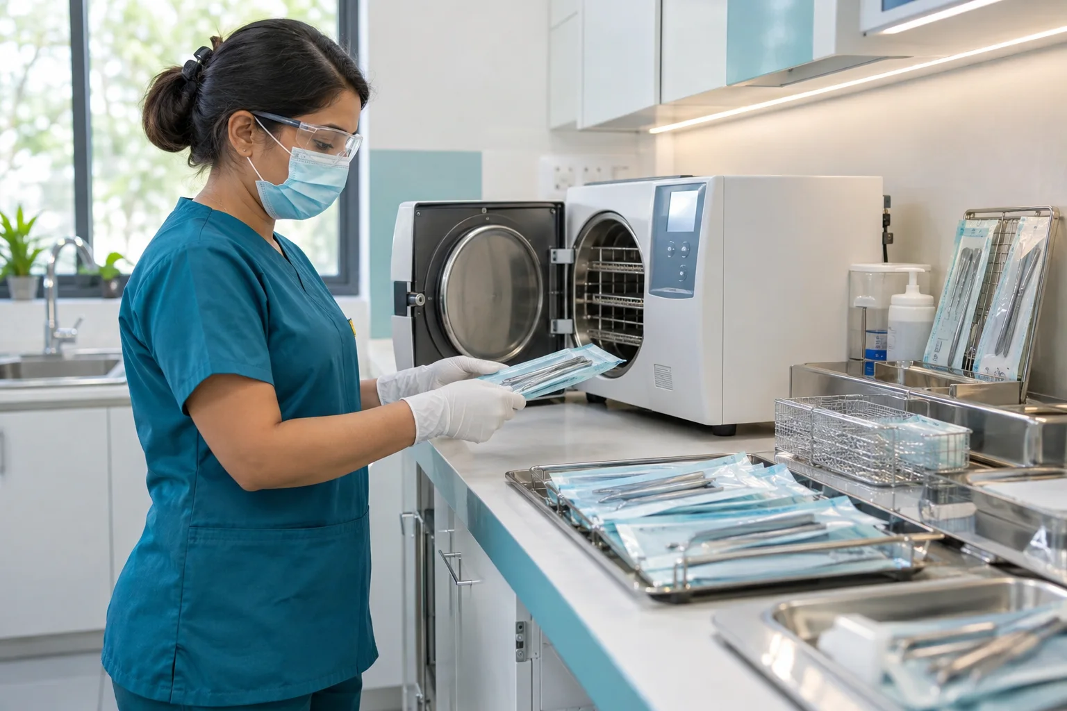 Female dental assistant preparing sealed instruments beside a steam autoclave